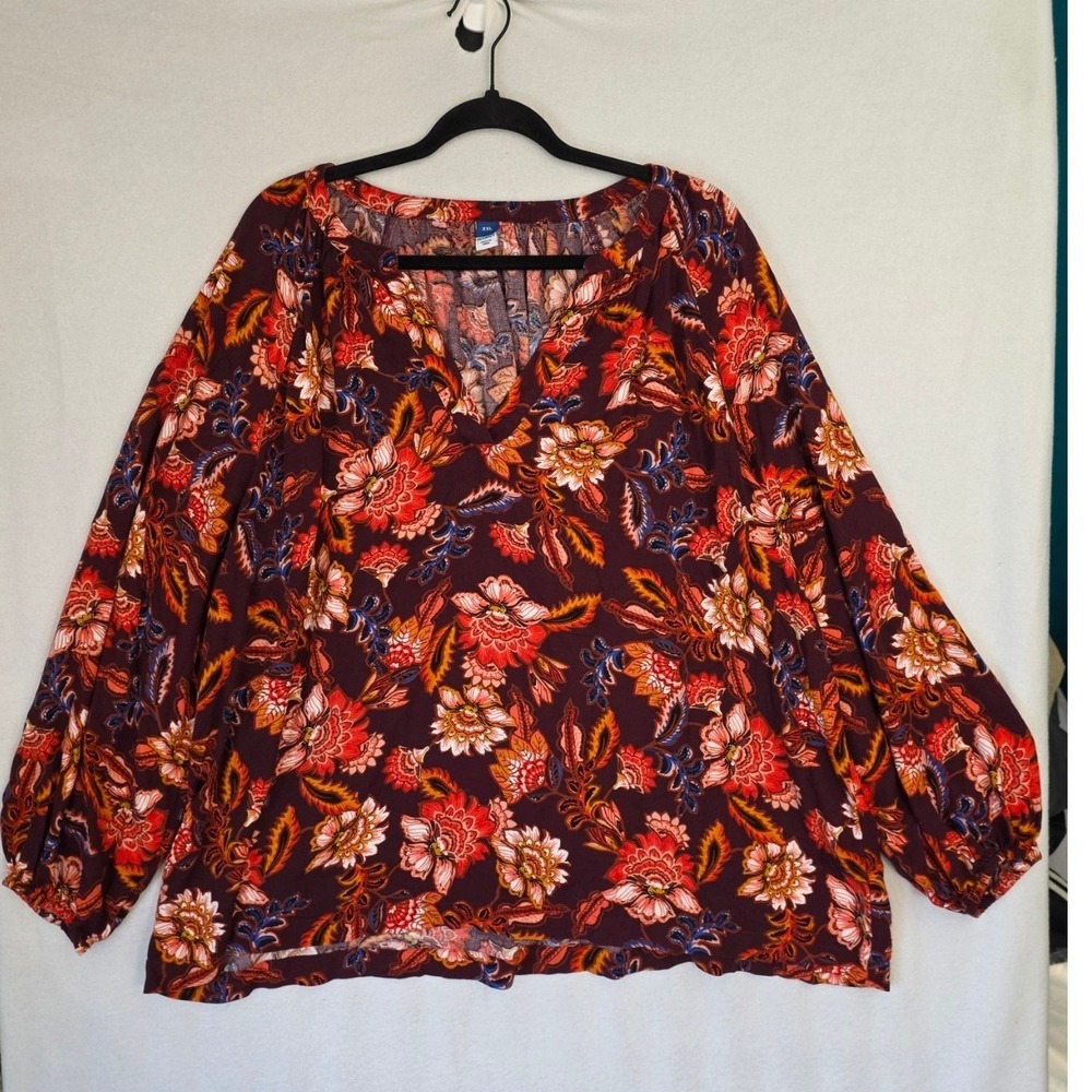 Old Navy Redwine Vinegar Floral Blouse XXL Burgundy Rayon Boho Peasant Top